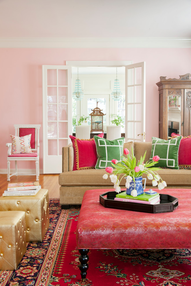 room living decor pink interior eclectic green brooks andrea pop red decorating wall color style gold pillows colors walls greek
