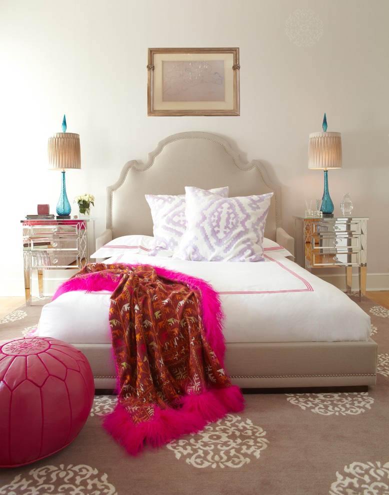 guest bedroom decor moroccan style headboard pink ostrich feather fur throw leather pink puff mirrored side tables better decorating bible blog ideas guest bedroom