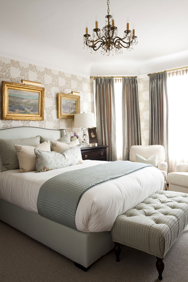 guest bedroom how to decorate traditional chandelier green gray taupe bed spread sheets end bend sliky curtains gold picture frames black dresser carpetting better decorating bible blog