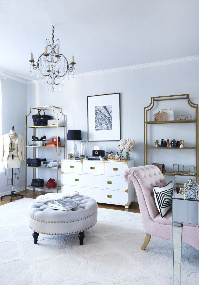 blogger-home-office-decorating-ideas-chic-parisian-style-campaign-desk-gold-painted-bookshelves