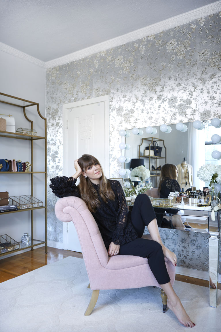 home-office-tour-metallic-wallpaper-decorating-ideas-feminine-chic