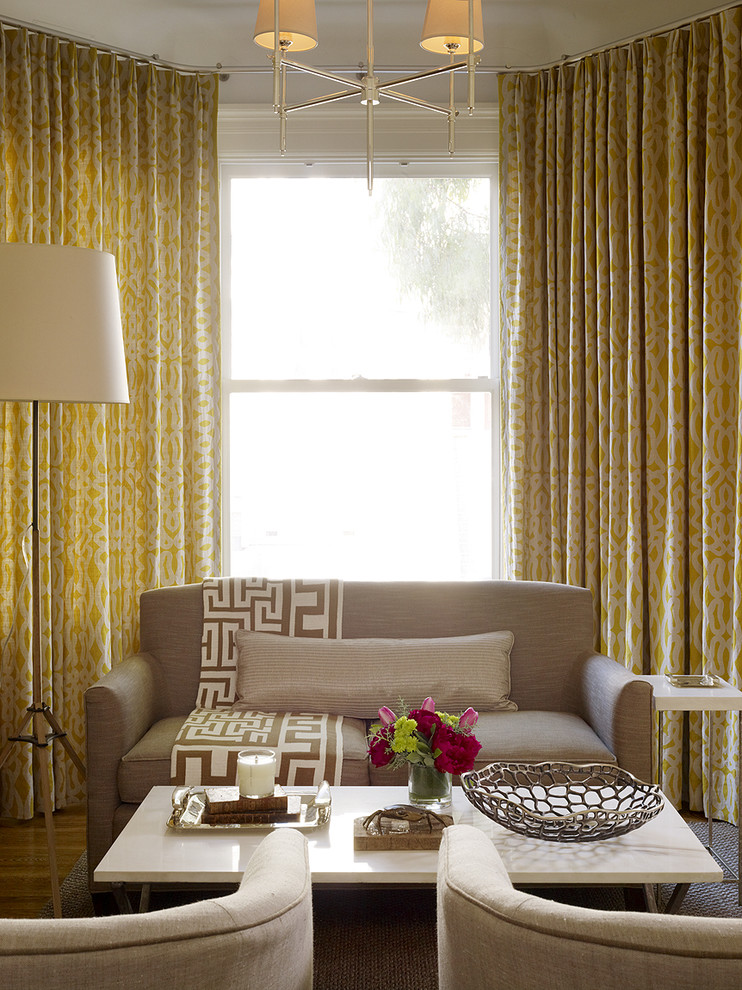 yellow curtains retro taupe yellow decor contemporary-living-room