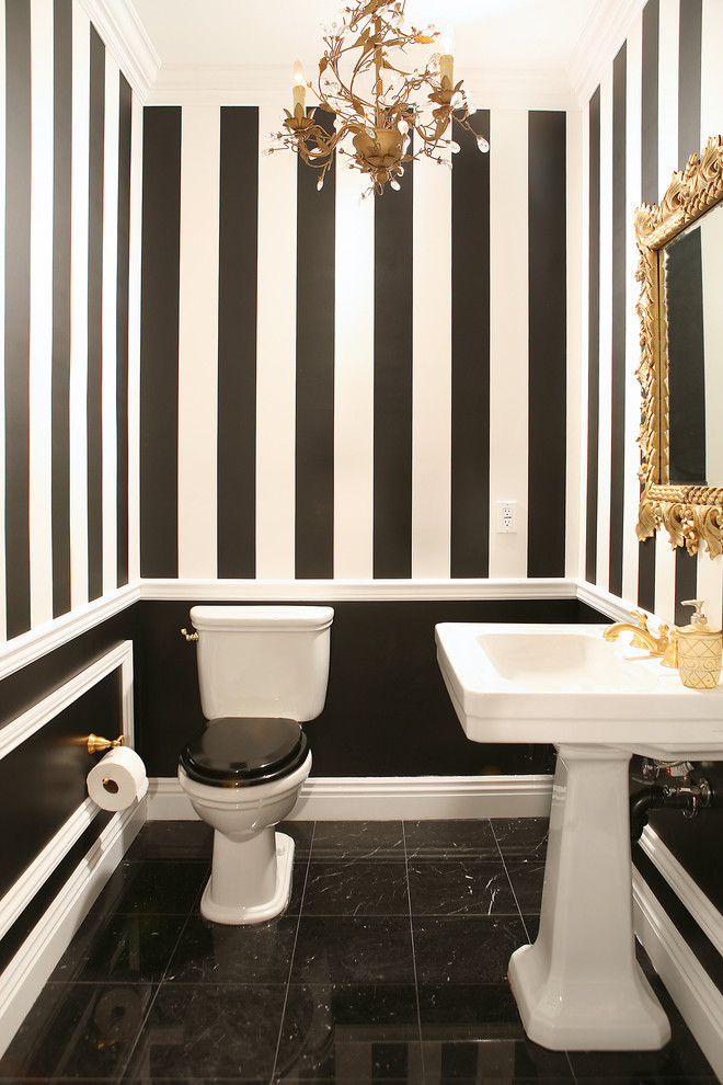 striped walls wallpaper molding gold chandelier traditional-powder-room