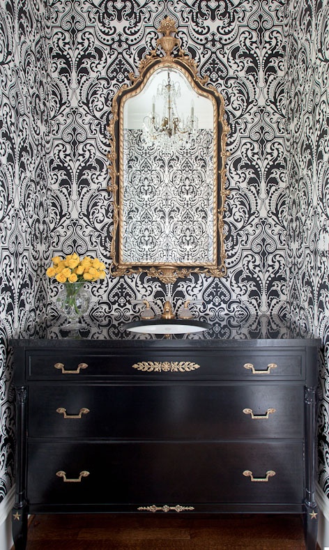 bear hill interiors black white damask wallpaper bathroom gold mirror hardware vanity how to ideas electic