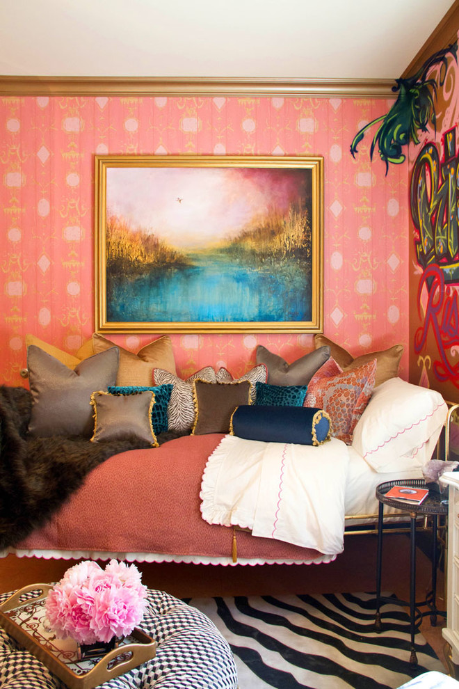 erica bierman better decorating bible blog zebra rug bojemian style wallpaper tassels gold eclectic-bedroom