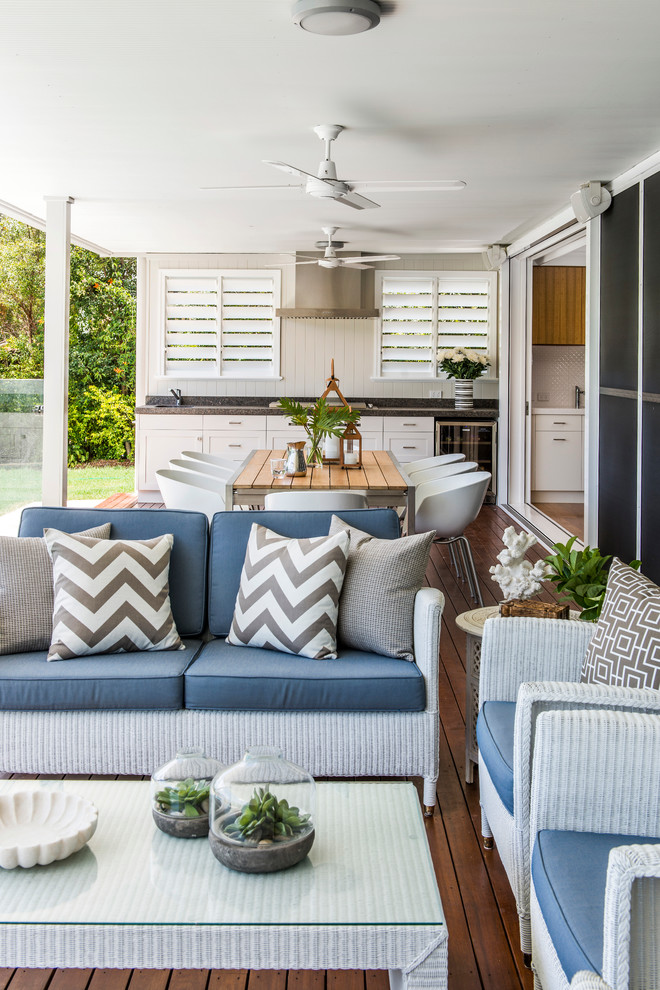 highgate house outdoor kitchen patio whicker furniture chevron pillows summer fan decorating contemporary-deck
