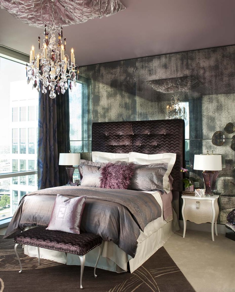 purple headboard tufted french chandelier mirroed walls silk fur pillow end bench Eclectic-Bedroom