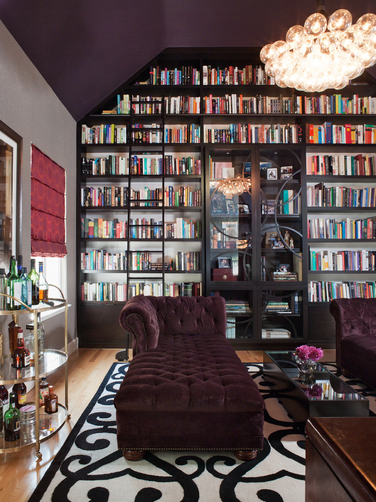 apartment built in bookcase decor tufted purple chez lounge Contemporary-Living-Room