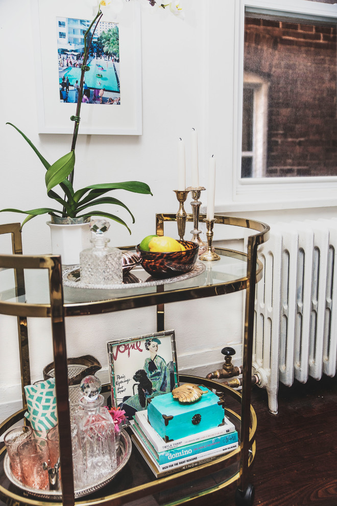 bar cart mini bar apartment better decorating bible blog gold tortoise Eclectic-Living-Room