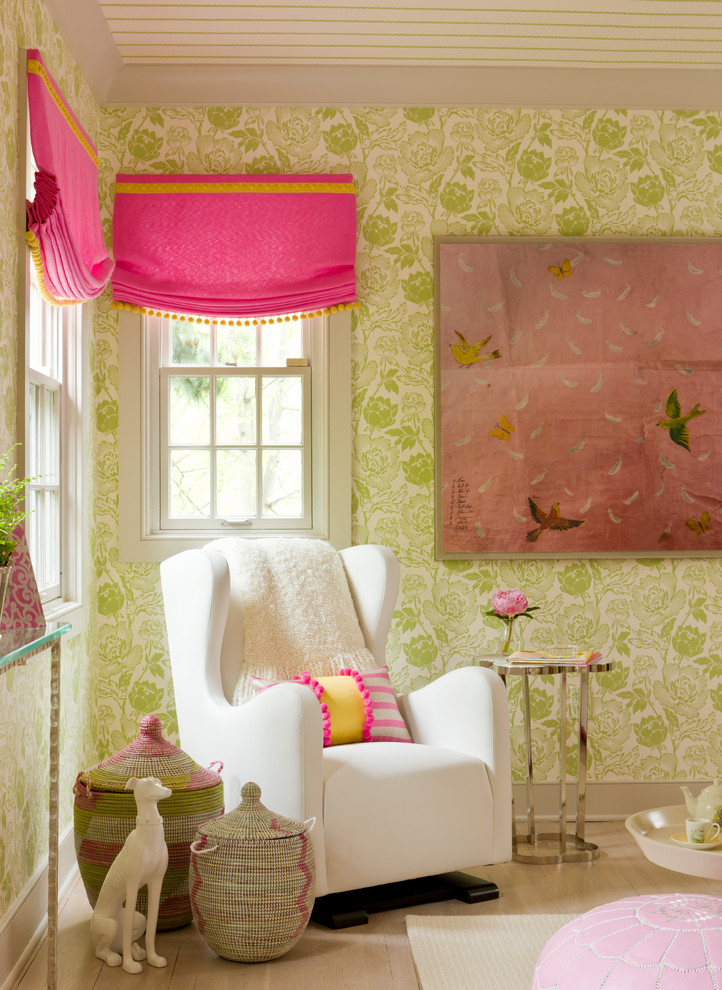 nursery babys room better decorating bible blog pink curtains pom poms furniture green apple floral wallpaper roses pink girls boys Transitional-Kids