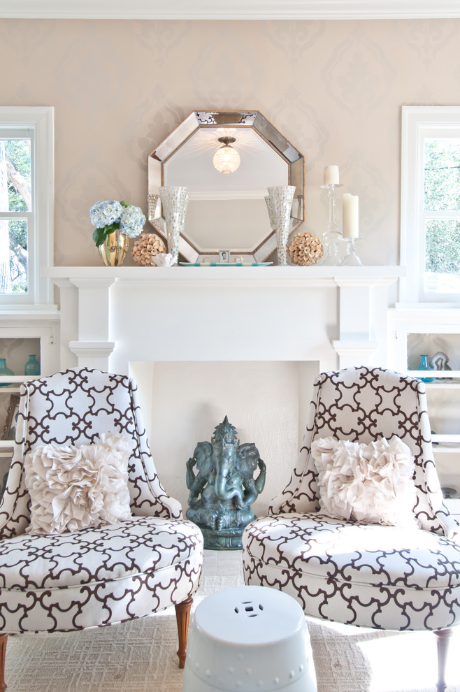 beach fireplace mantel mirror decor garden stool Traditional-Living-Room