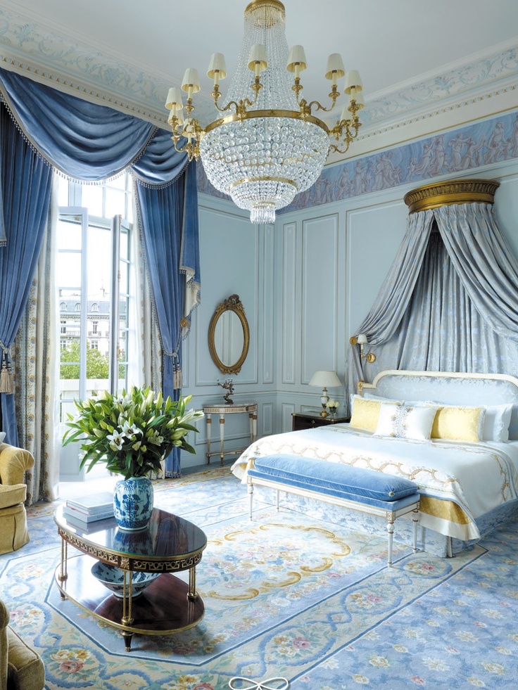 Shangri La Hotel Paris blue french provincial room chandelier moldings gold pretty antique