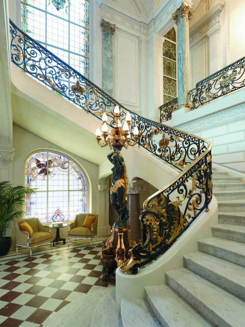 Shangri-La-Hotel-Paris-design-interior decor banister gold hallway staircase