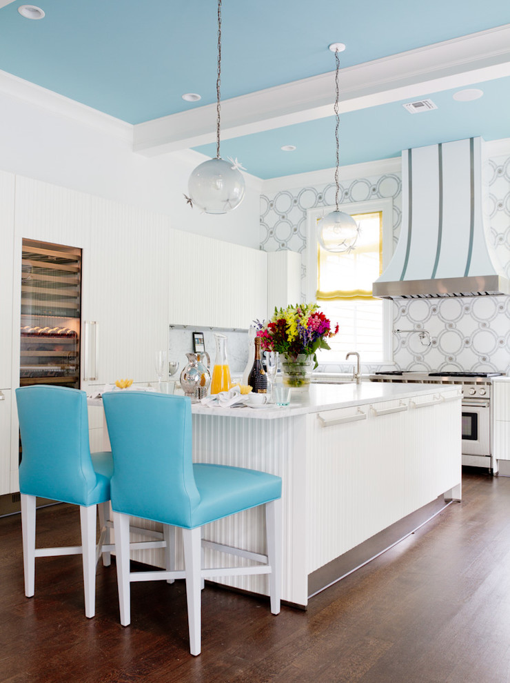 blue ceiling white kitchen aqua blue stools decorating