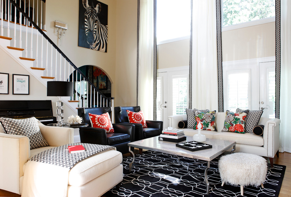 family living room zebra decorating mongolian lamb fur stool black leather couchces