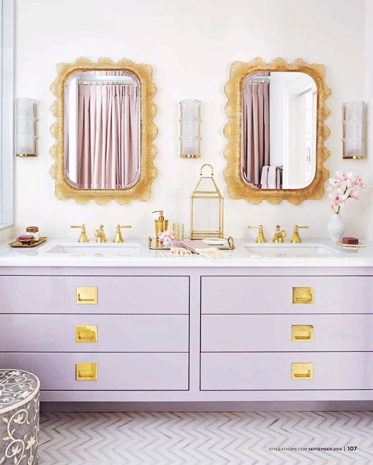 gold pink vanity decor herringbone tile floor