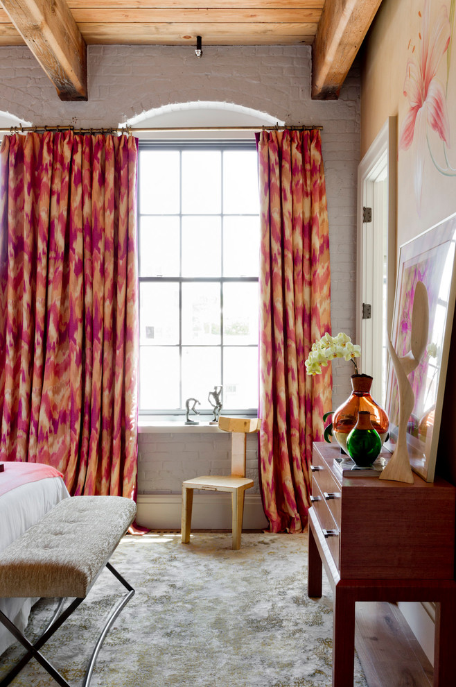 ikat pink print curtains girly bedroom white brick walls decorating