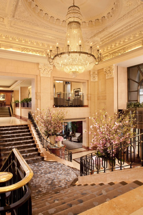 peninsula lobby new york stairs chandelier