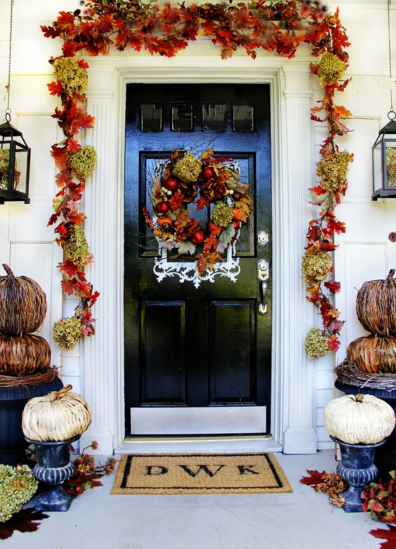 cheap budget fall porch decorating ideas stenciled welcome mat