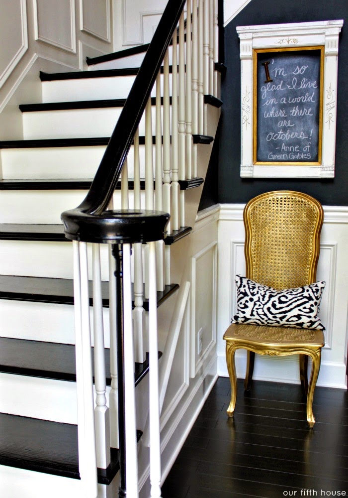 fall decorating home tour ideas gold painted chair stairs black walls