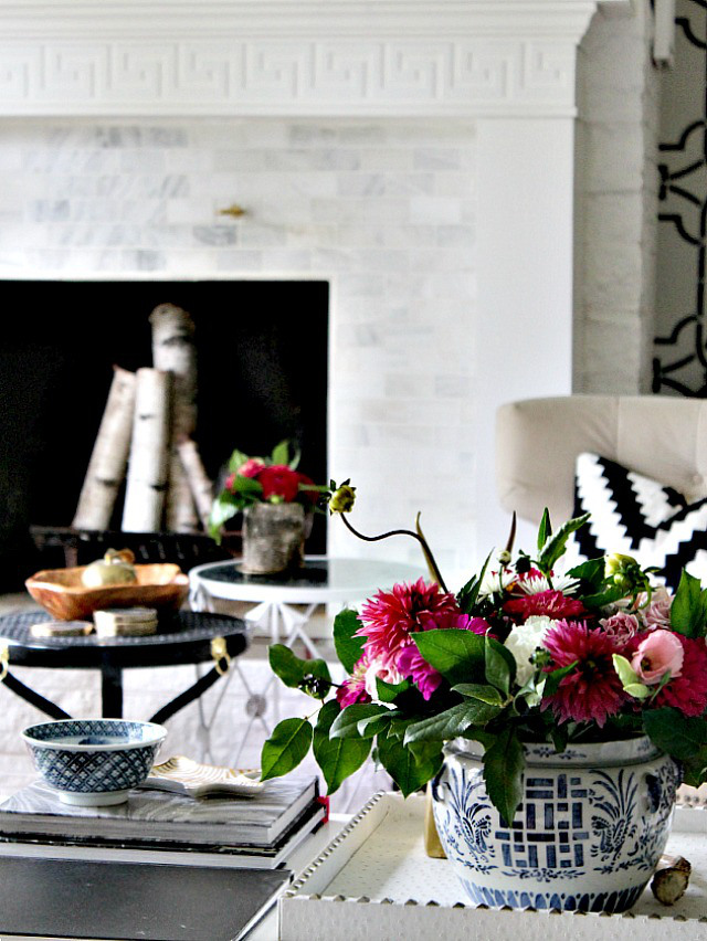 fall home tour greek key fireplace blue white cina vase zebra tray better decorating bible blog