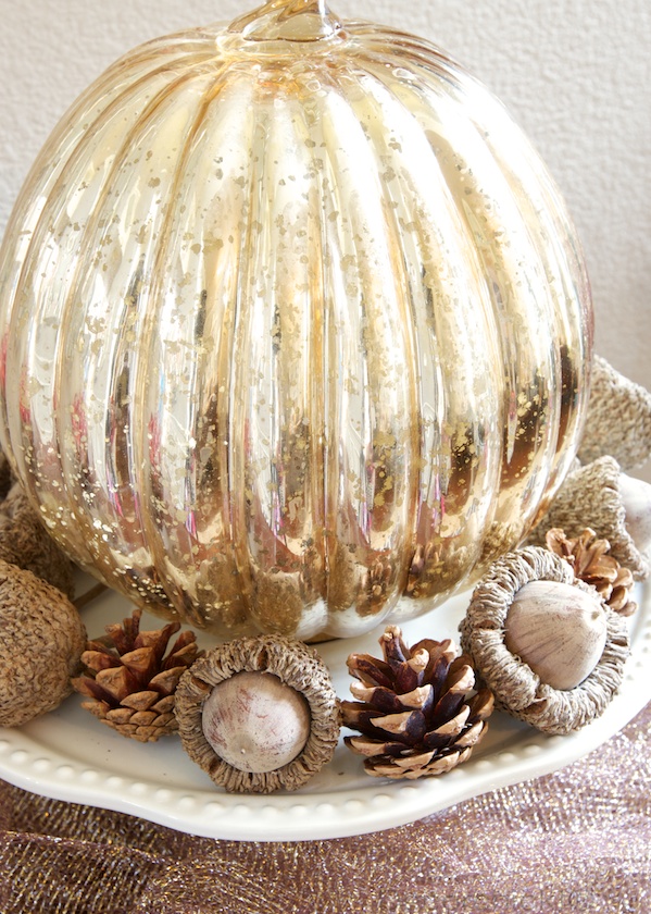 gold pumpkin display centerpiece halloween fall decor idea