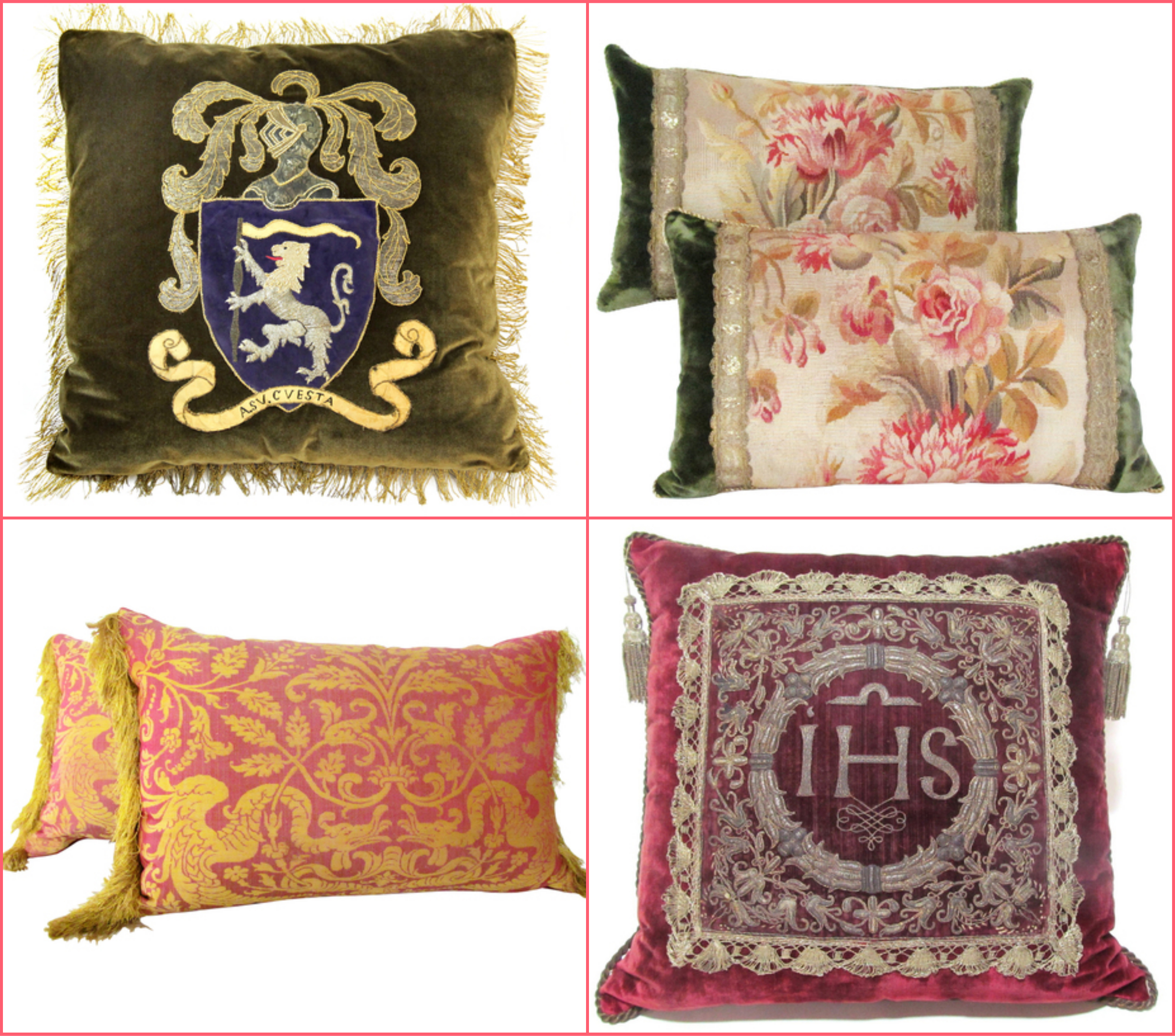 the high by online antique shop store site like first dibs century louis xvi frenh italian fringe gold pink green emerald velvet cushions pillows better decorating bible blog