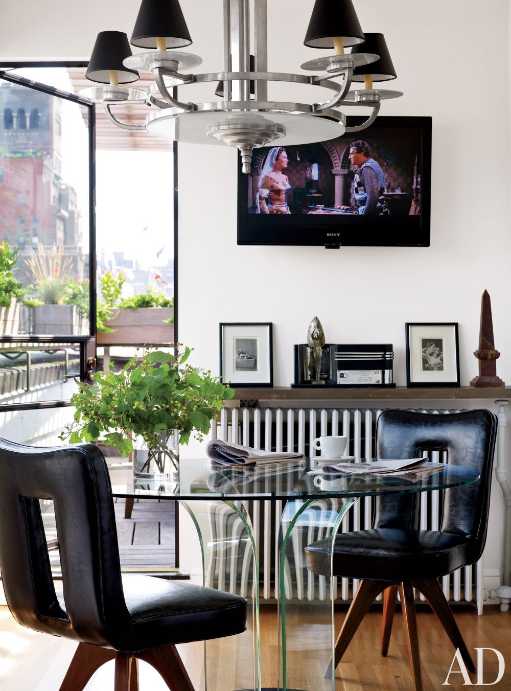 modern dining room apartment glass table radiator alluminum chandelier decorating lucite furniture