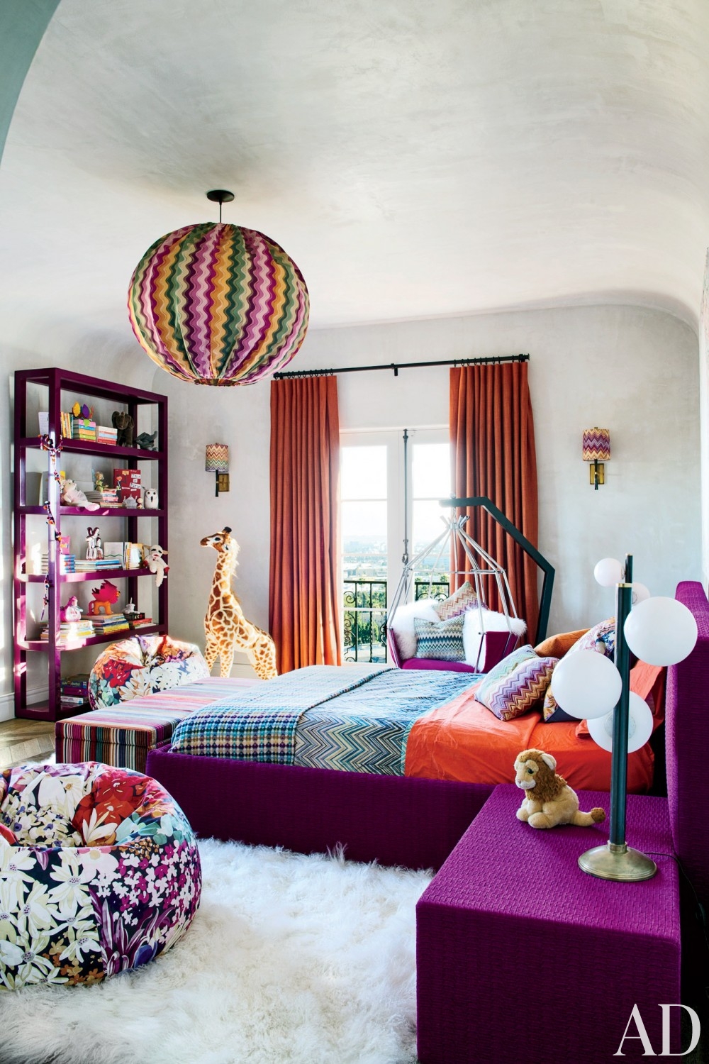 bedroom fluffy sheep rug purple velvet bed chevron bedding kids room better decorating bible blog ideas interiors orange curtains purple bookshelf beanbag floral chair