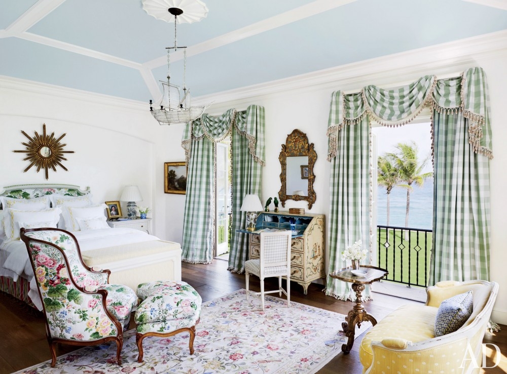 traditional-bedroom-david-easton-inc-palm-beach-florida blue ceiling french country style green checkered curtains yellow provincial love seat