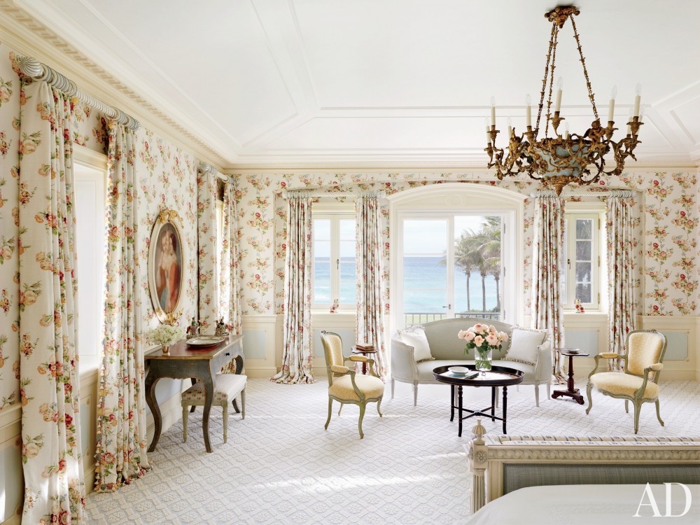 traditional-bedroom-david-easton-inc-palm-beach-florida french decorating furniture wallpaper floral flowers curtains girly kische