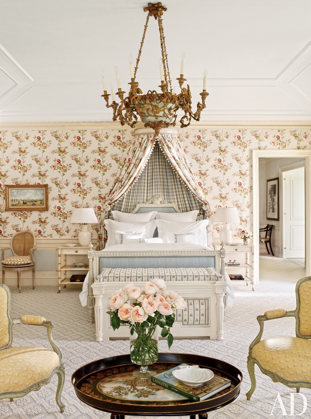 traditional-bedroom-david-easton-inc-palm-beach-florida french provincial decorating floral flowers wallpaper fold chandelier queen anne chairs