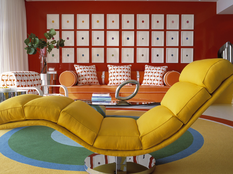 color blocking vintage retro living room orange yellow sofa red walls fads furniture better decorating bible blog ideas geometric rug