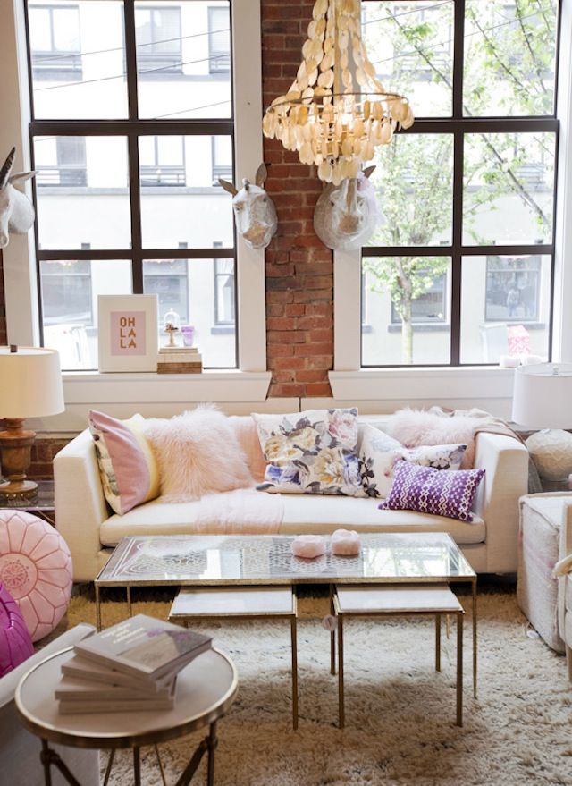 apartment decor fluffy pillows pastel pink decor