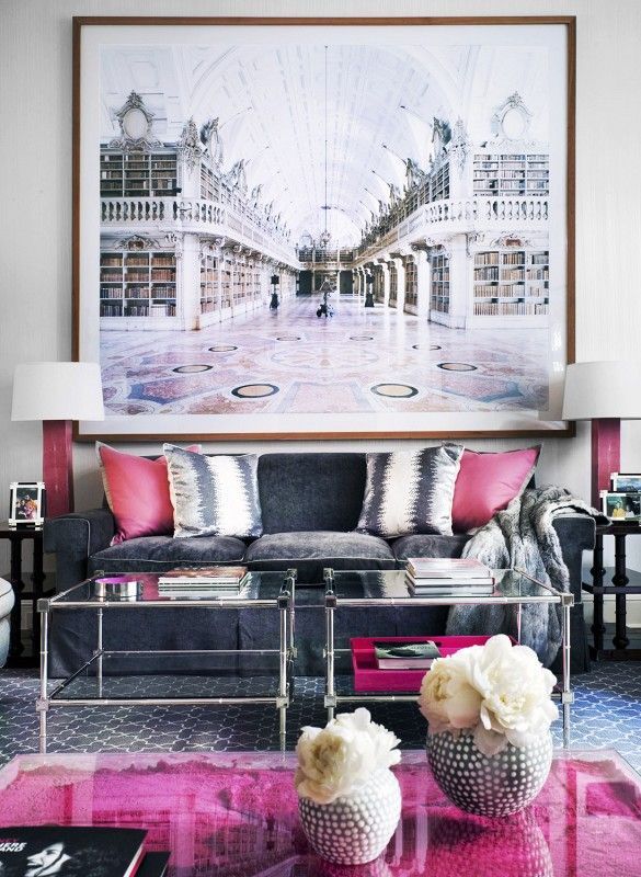 living room pink pillow huge artwork glam decor ideas