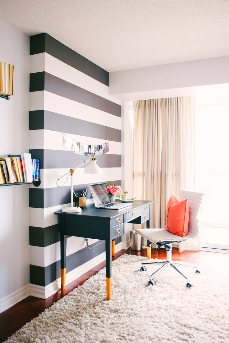 statement wall black and white striped office ideas easy cheap budget computer desk fuzzy rug better decorating bible blog