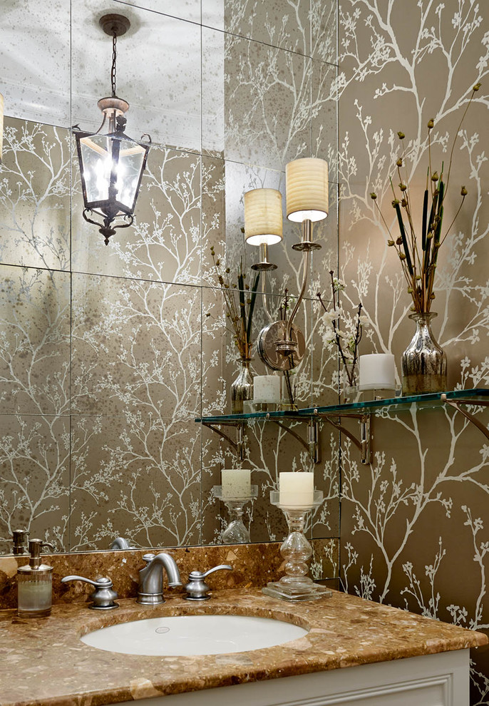 bathroom aged antiqued mirrored tiles chinoiserie metallic wallpaper bette decorating bible blog wall scones