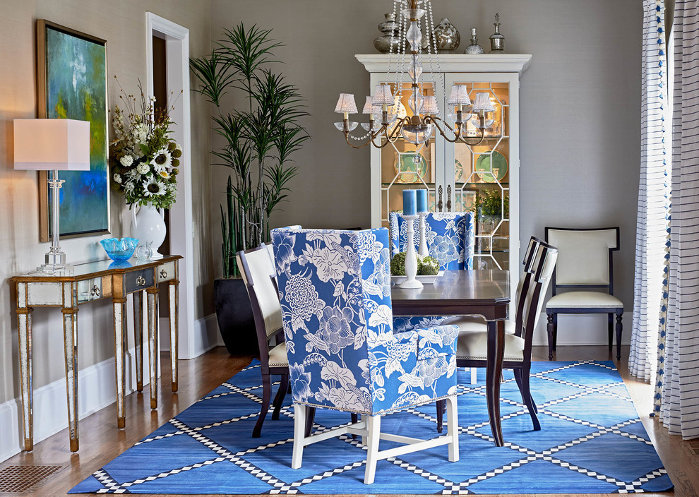 dining room lamour decor blue white garpet palm tree mirrored side table taupe walls chandelier better decorating bible blog