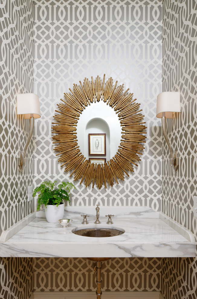 transitional-powder-room sun burst mirror easy diy sticks ethnic wallpaper decorating