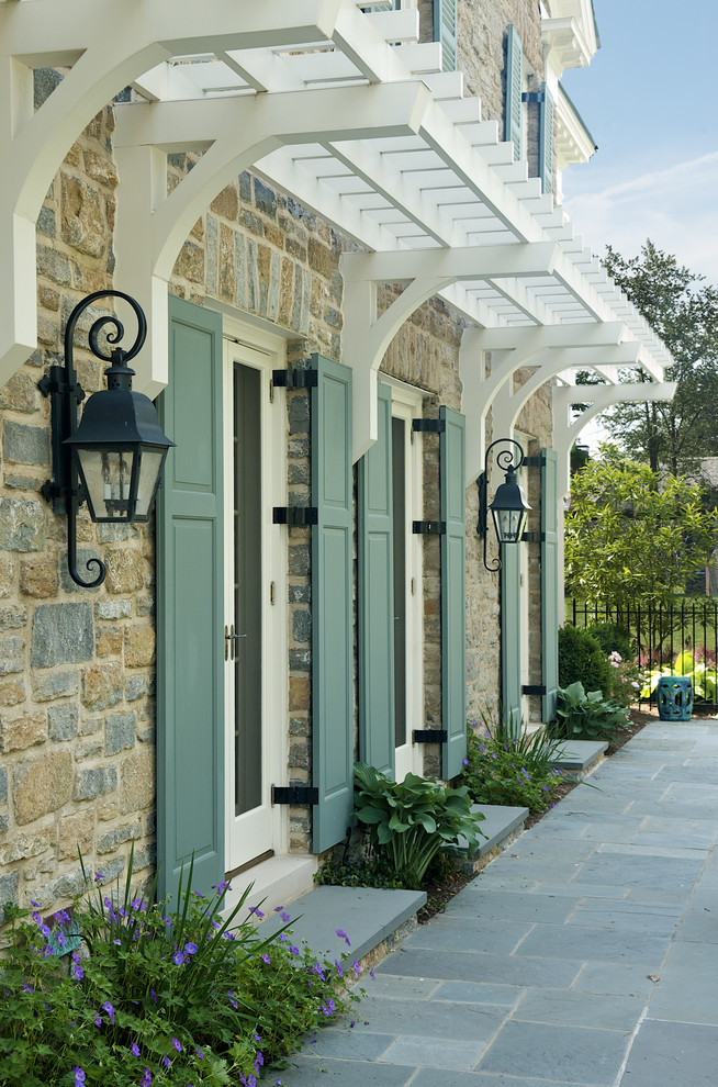 traditional-exterior curb appeal blue green shutters