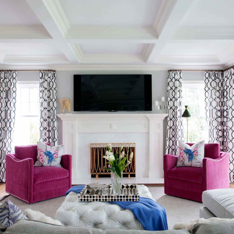 2 glam living room grey walls tufted ottoman mirrored buffet table pink white fluffy fur better decorating bible blog waffle ceiling