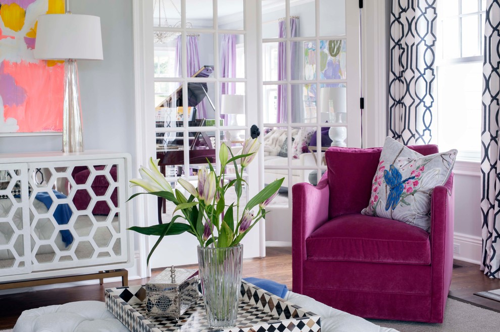 3 glam living room grey walls tufted ottoman mirrored buffet table pink white fluffy fur better decorating bible blog waffle ceiling