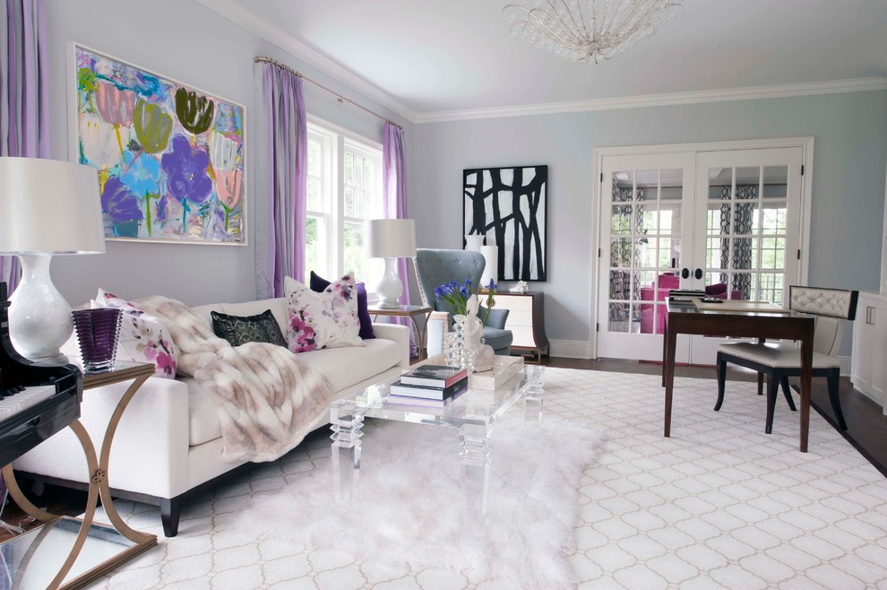 6 glam living room grey walls tufted ottoman mirrored buffet table pink white fluffy fur better decorating bible blog waffle ceiling