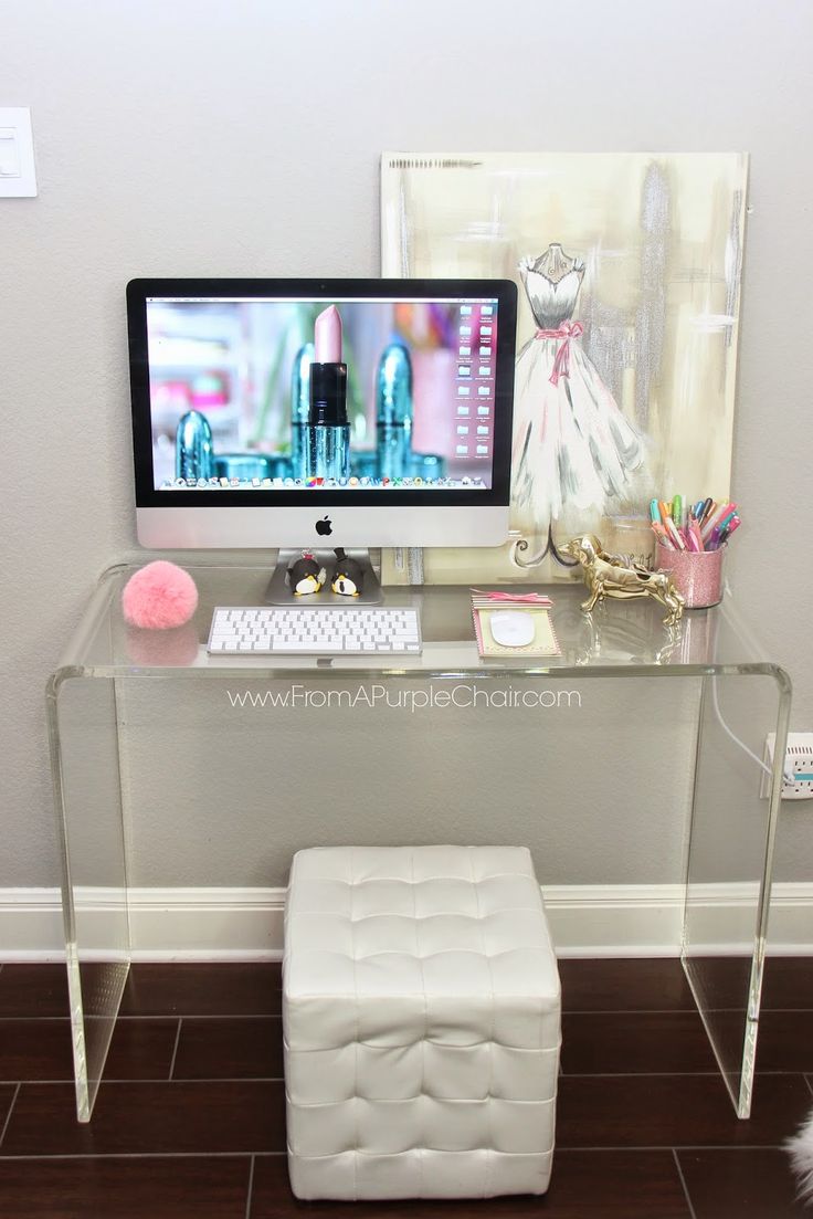 lucite desk decorating chic glam ideas girly tufted cube ottoman