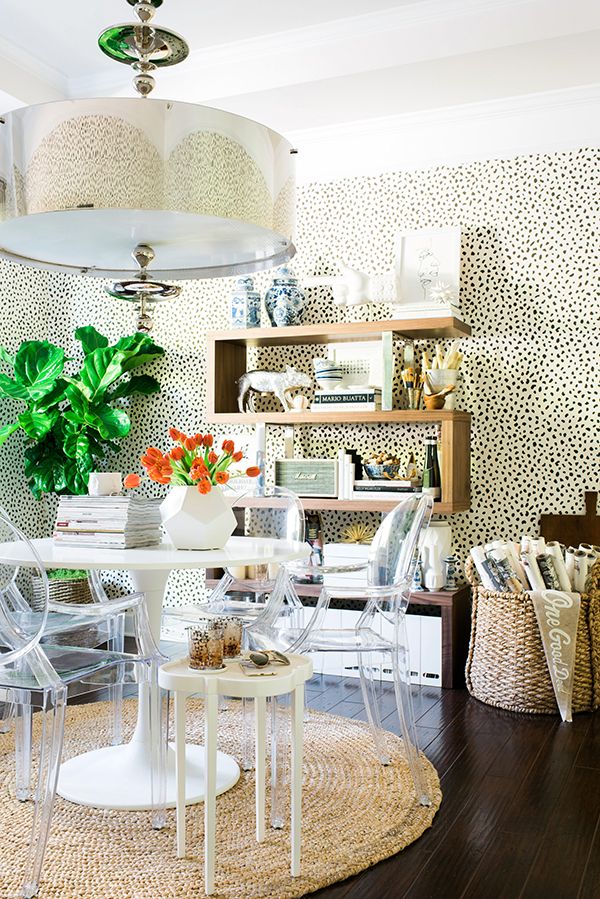 lucite ghost dining chairs leopard wallpaper decorating rope rug ideas