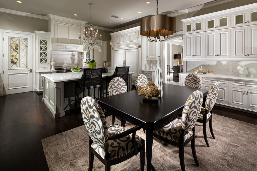 mediterranean-dining-room kitchen white panaeld walls