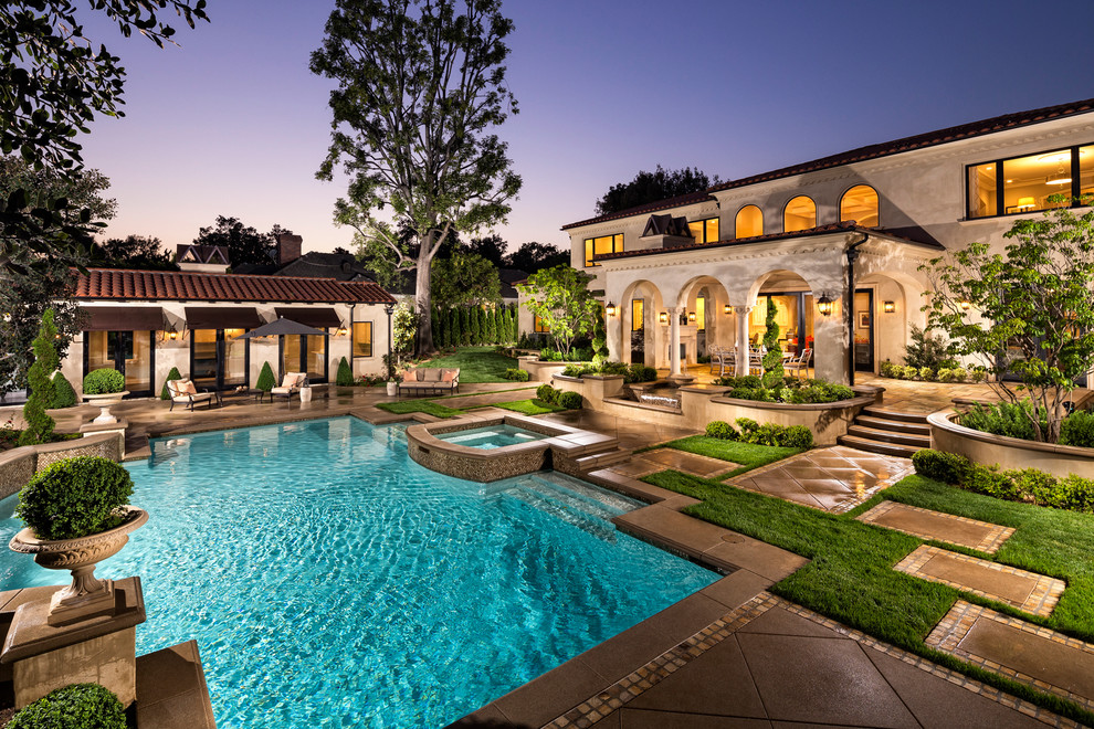 mediterranean-pool house california tuscany decor ideas landscaping red tiled roof