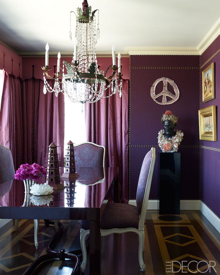 purple dining room damask decor