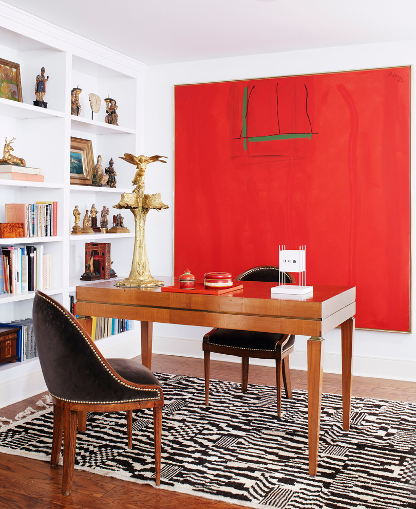 home office decor dvf style better decorating bible red artwork black white ikat rug