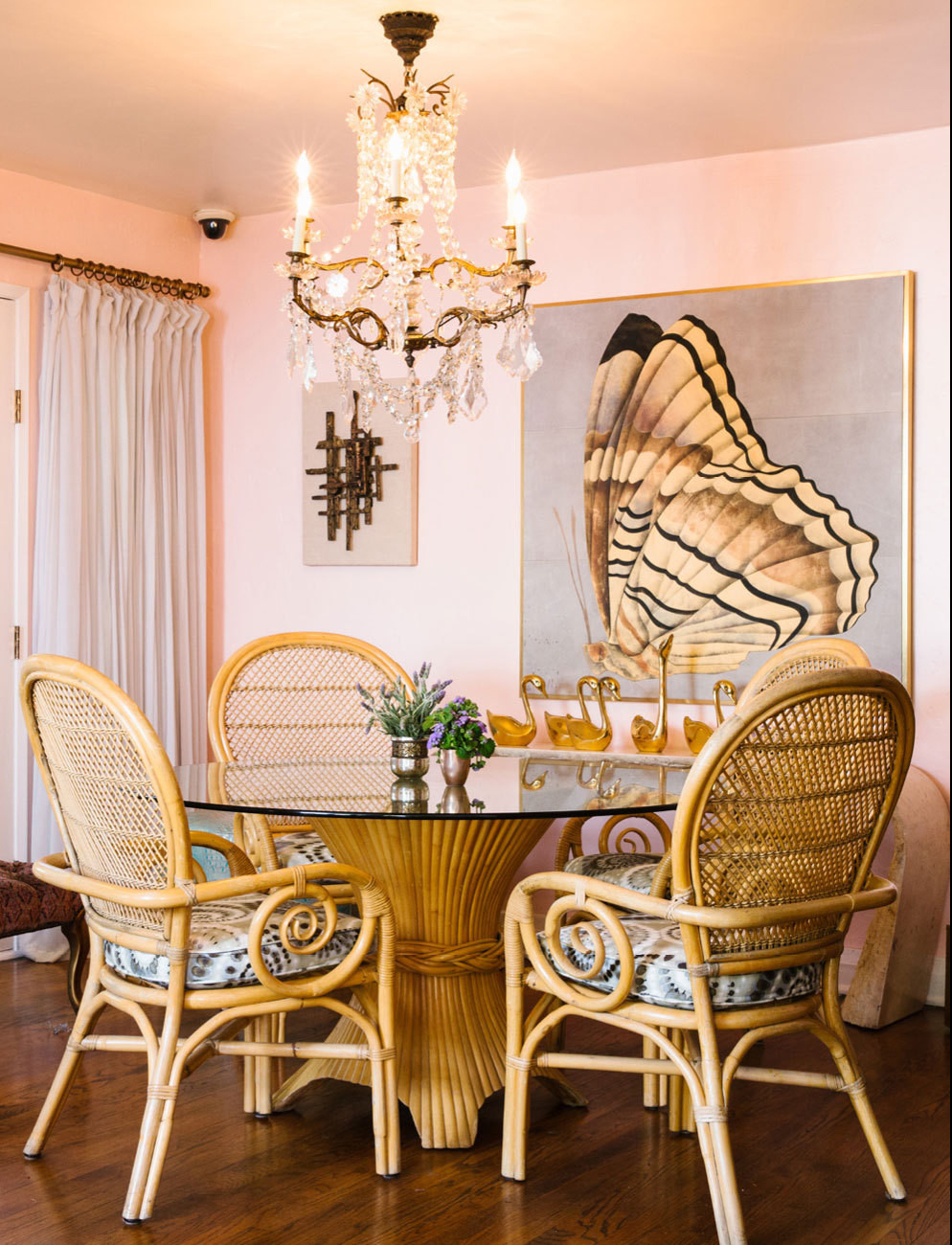 pink dining room whicker chairs summer decorating